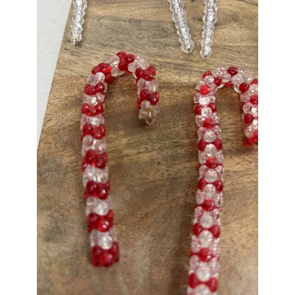 22 Vintage Christmas Clear Beaded Icicle Ornaments + 8 Candy Canes Handmade